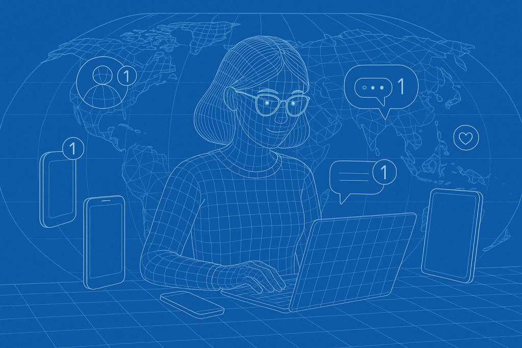 Illustration of person managing messages from devices in a global network map setting, with a creative mood.