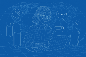 Illustration of person managing messages from devices in a global network map setting, with a creative mood.