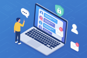 Illustration of laptop displaying unified inbox in a abstract tech patterns setting, with a inspired mood.