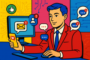 Illustration of person managing messages from devices in a abstract tech patterns setting, with a inspired mood.