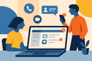 Illustration of laptop displaying unified inbox in a modern workspace setting, with a focused mood.