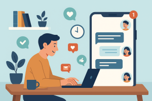 Illustration of smartphone with messaging apps open in a home office desk setting, with a relaxed mood.