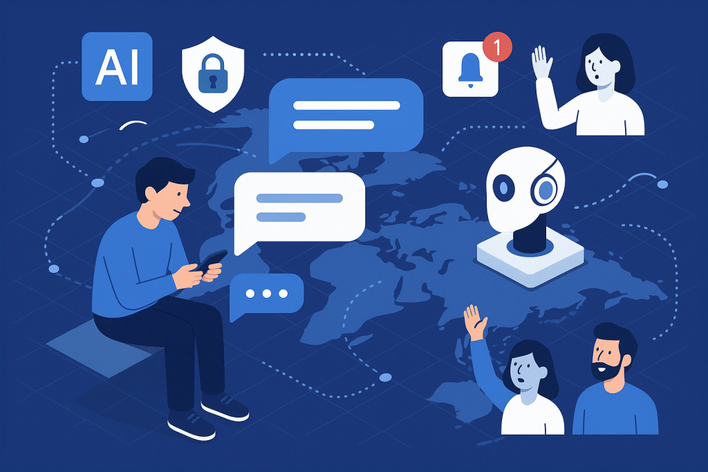 Illustration of user texting with multiple chat bubbles in a global network map setting, with a focused mood.