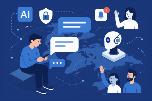 Illustration of user texting with multiple chat bubbles in a global network map setting, with a focused mood.
