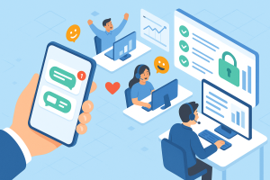 Illustration of hand holding phone with notifications in a clean digital dashboard setting, with a happy mood.