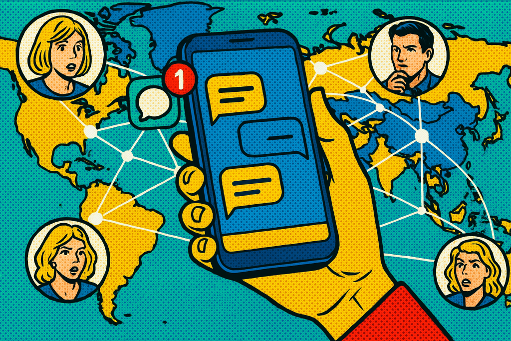 Illustration of smartphone with messaging apps open in a global network map setting, with a determined mood.