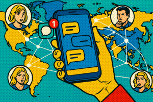 Illustration of smartphone with messaging apps open in a global network map setting, with a determined mood.
