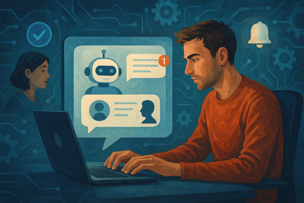 Illustration of private conversation interface demo in a abstract tech patterns setting, with a focused mood.