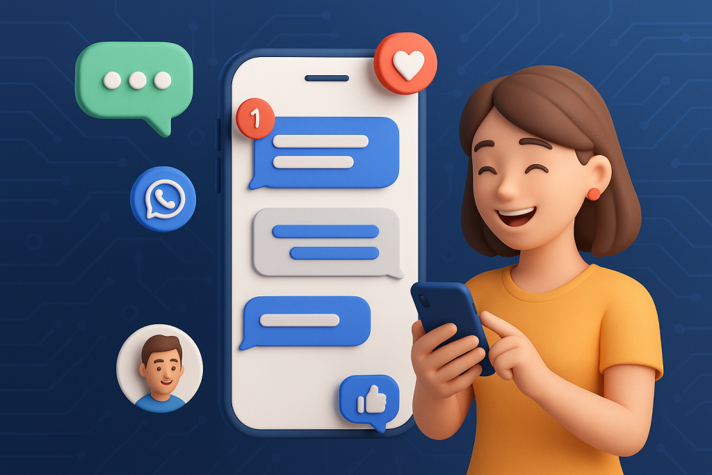 Illustration of private conversation interface demo in a abstract tech patterns setting, with a happy mood.