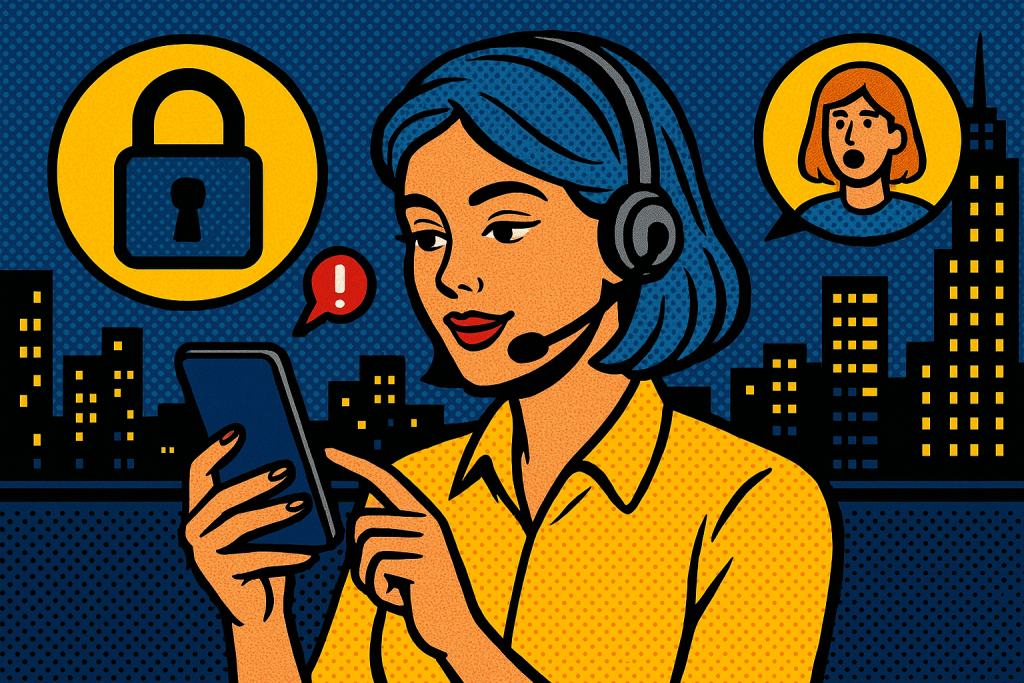 Illustration of support agent using app in a city skyline at night setting, with a relaxed mood.