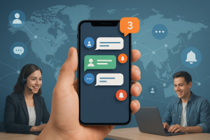 Illustration of hand holding phone with notifications in a global network map setting, with a creative mood.