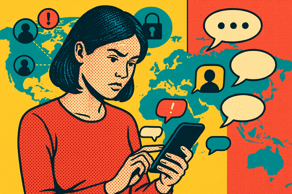 Illustration of user texting with multiple chat bubbles in a global network map setting, with a determined mood.