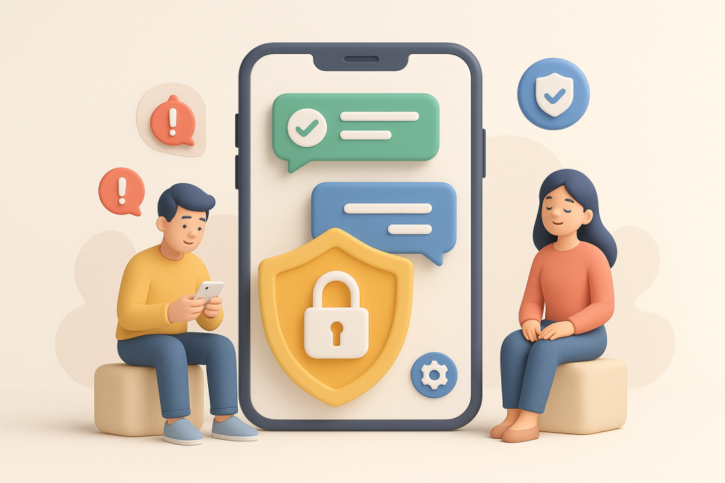 Illustration of smartphone with messaging apps open in a minimal app interface setting, with a relaxed mood.