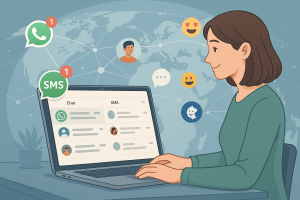 Illustration of laptop displaying unified inbox in a global network map setting, with a relaxed mood.