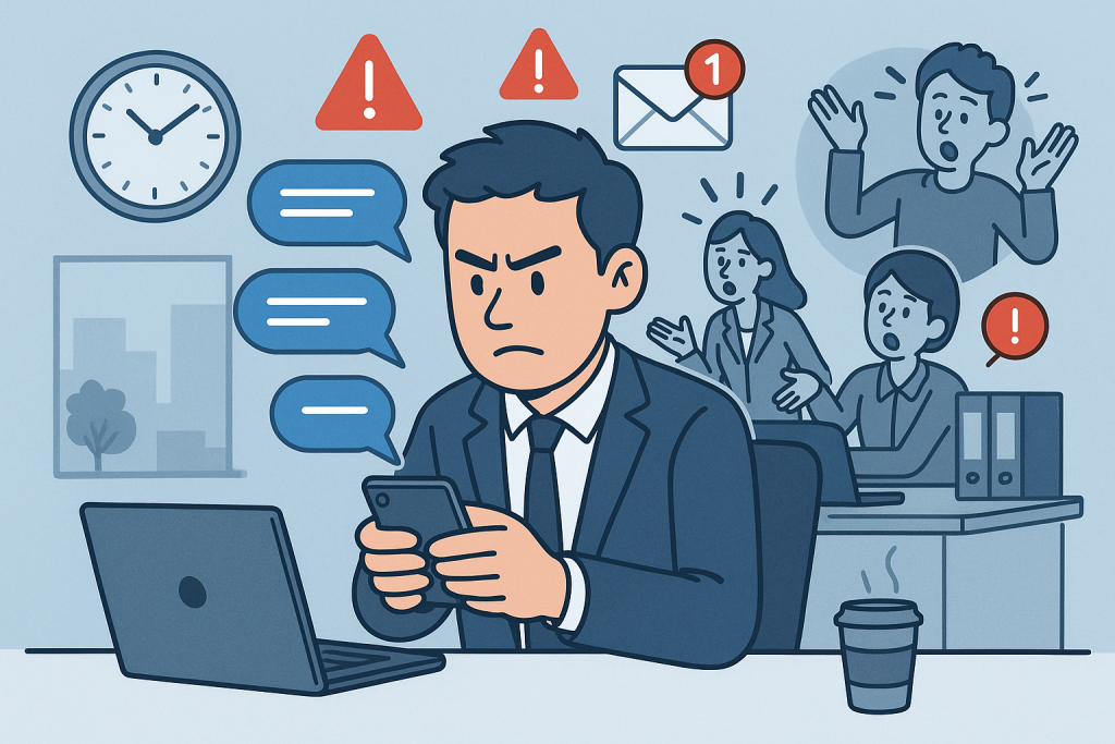 Illustration of user texting with multiple chat bubbles in a modern workspace setting, with a determined mood.