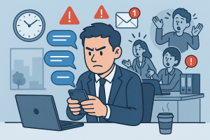 Illustration of user texting with multiple chat bubbles in a modern workspace setting, with a determined mood.