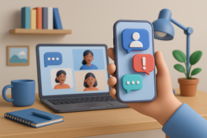 Illustration of hand holding phone with notifications in a home office desk setting, with a relaxed mood.