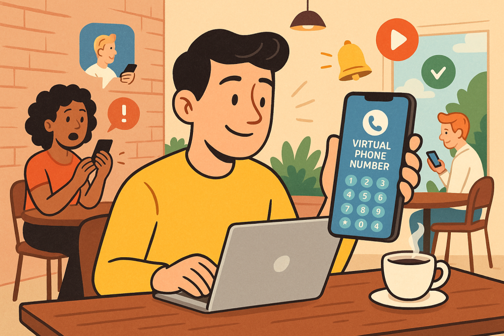 Illustration of virtual phone number concept on screen in a coffee shop setting setting, with a relaxed mood.