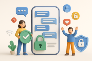 Illustration of smartphone with messaging apps open in a minimal app interface setting, with a inspired mood.