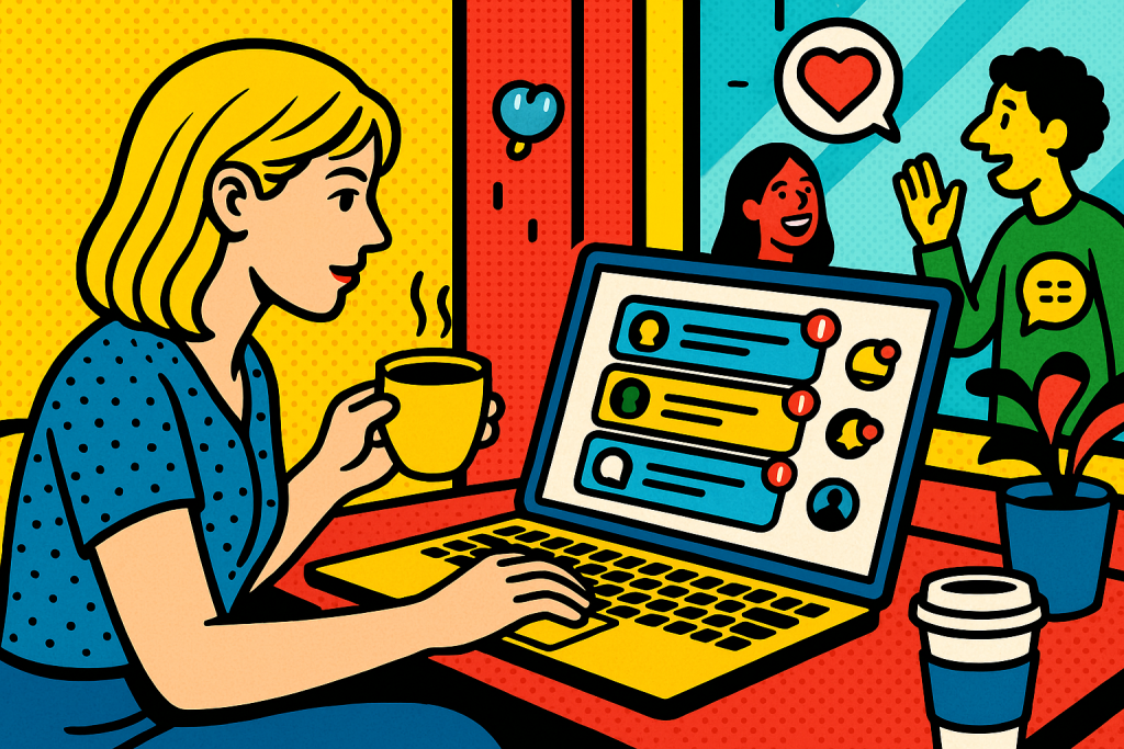 Illustration of laptop displaying unified inbox in a coffee shop setting setting, with a creative mood.