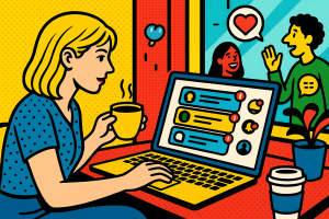 Illustration of laptop displaying unified inbox in a coffee shop setting setting, with a creative mood.