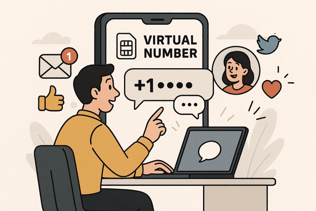 Illustration of virtual phone number concept on screen in a minimal app interface setting, with a creative mood.