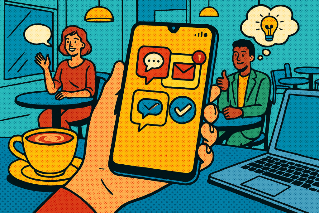 Illustration of hand holding phone with notifications in a coffee shop setting setting, with a relaxed mood.