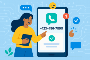 Illustration of virtual phone number concept on screen in a abstract tech patterns setting, with a happy mood.