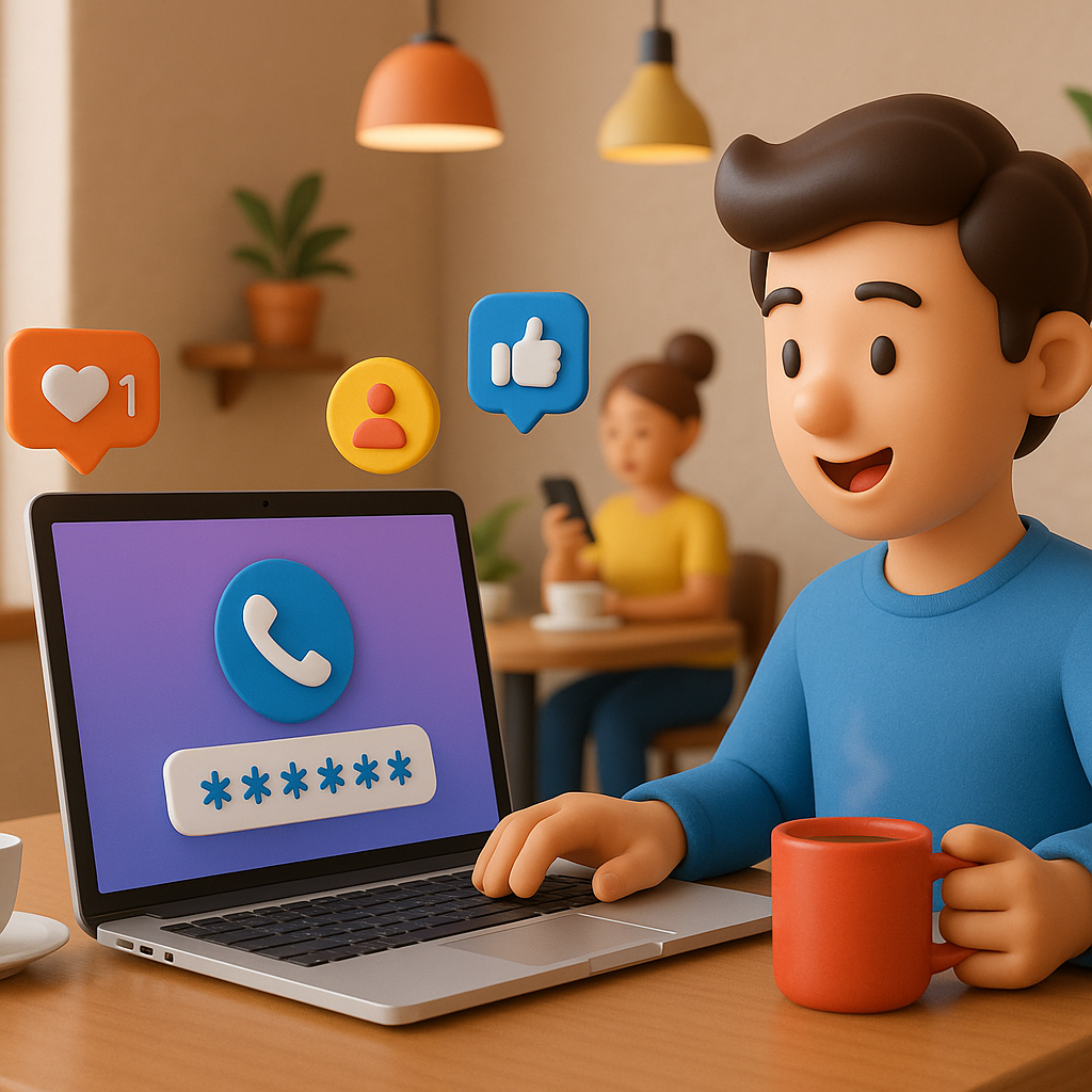 Illustration of virtual phone number concept on screen in a coffee shop setting setting, with a inspired mood.