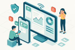 Illustration of smartphone with messaging apps open in a clean digital dashboard setting, with a relaxed mood.