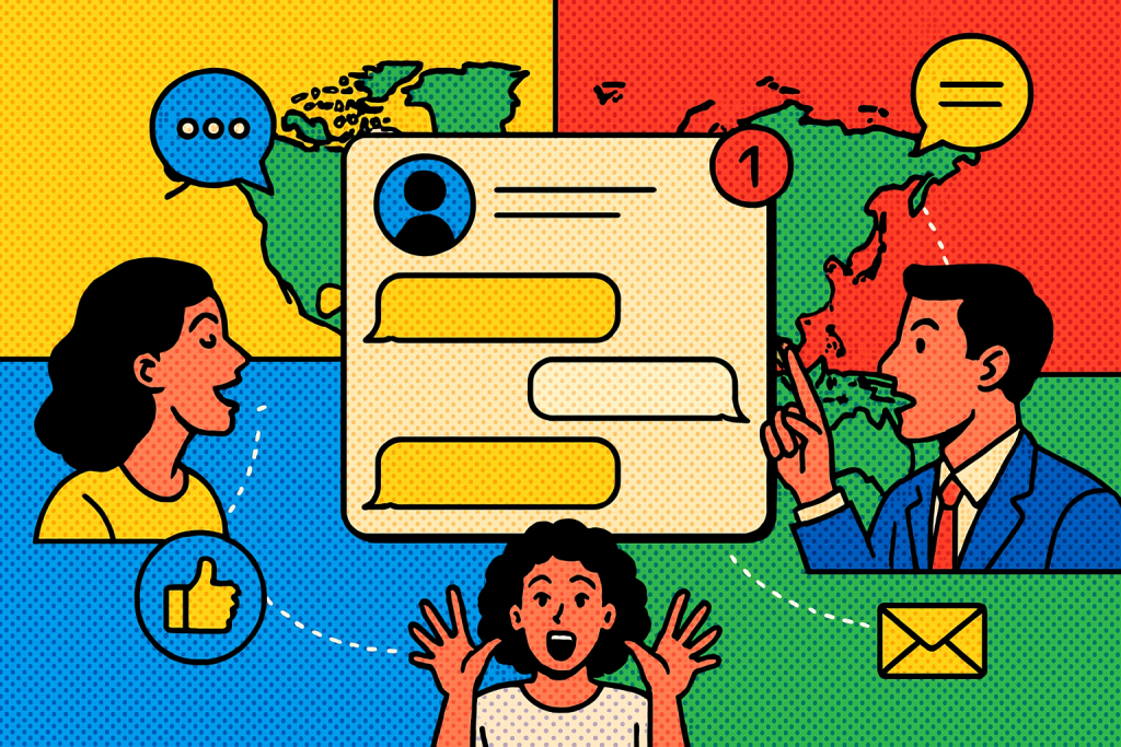 Illustration of private conversation interface demo in a global network map setting, with a creative mood.