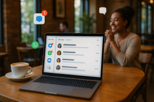 Illustration of laptop displaying unified inbox in a coffee shop setting setting, with a inspired mood.