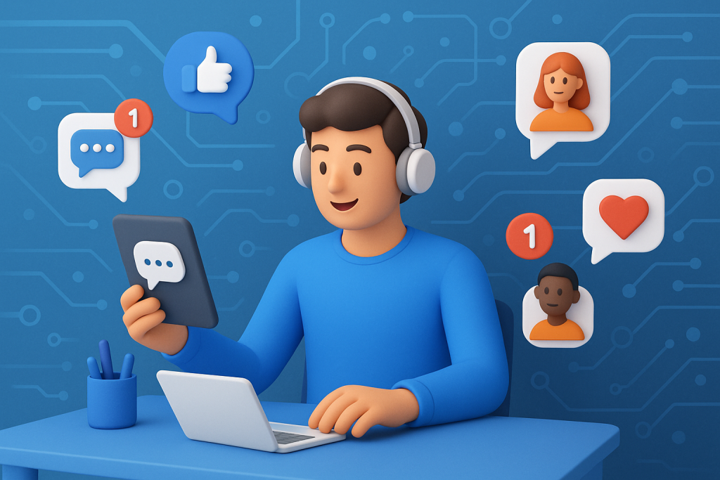 Illustration of person managing messages from devices in a abstract tech patterns setting, with a creative mood.