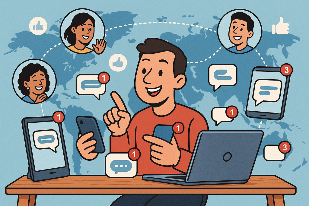 Illustration of person managing messages from devices in a global network map setting, with a happy mood.