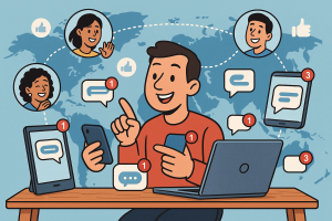 Illustration of person managing messages from devices in a global network map setting, with a happy mood.