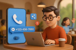 Illustration of virtual phone number concept on screen in a coffee shop setting setting, with a focused mood.