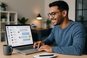 Illustration of private conversation interface demo in a modern workspace setting, with a inspired mood.