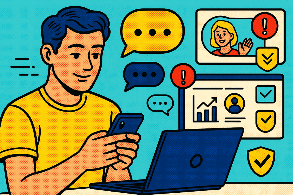 Illustration of user texting with multiple chat bubbles in a clean digital dashboard setting, with a relaxed mood.