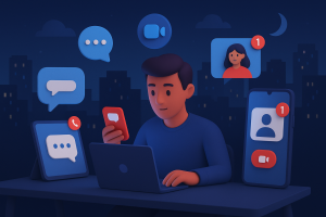 Illustration of person managing messages from devices in a city skyline at night setting, with a focused mood.