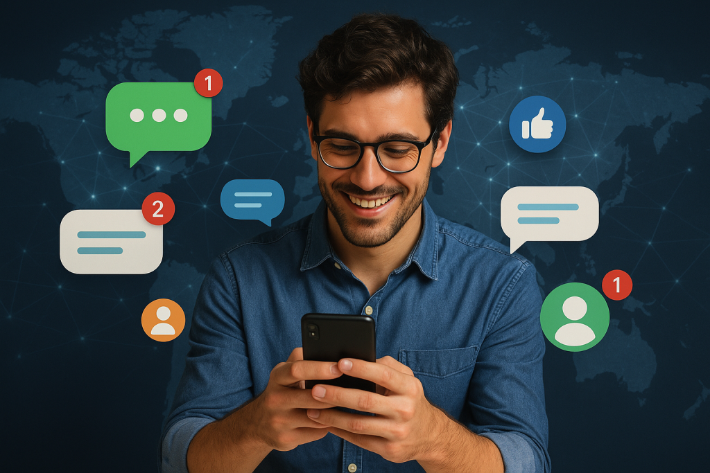 Illustration of user texting with multiple chat bubbles in a global network map setting, with a inspired mood.