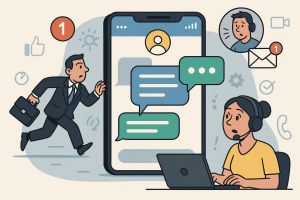 Illustration of smartphone with messaging apps open in a minimal app interface setting, with a focused mood.