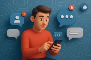 Illustration of user texting with multiple chat bubbles in a abstract tech patterns setting, with a focused mood.