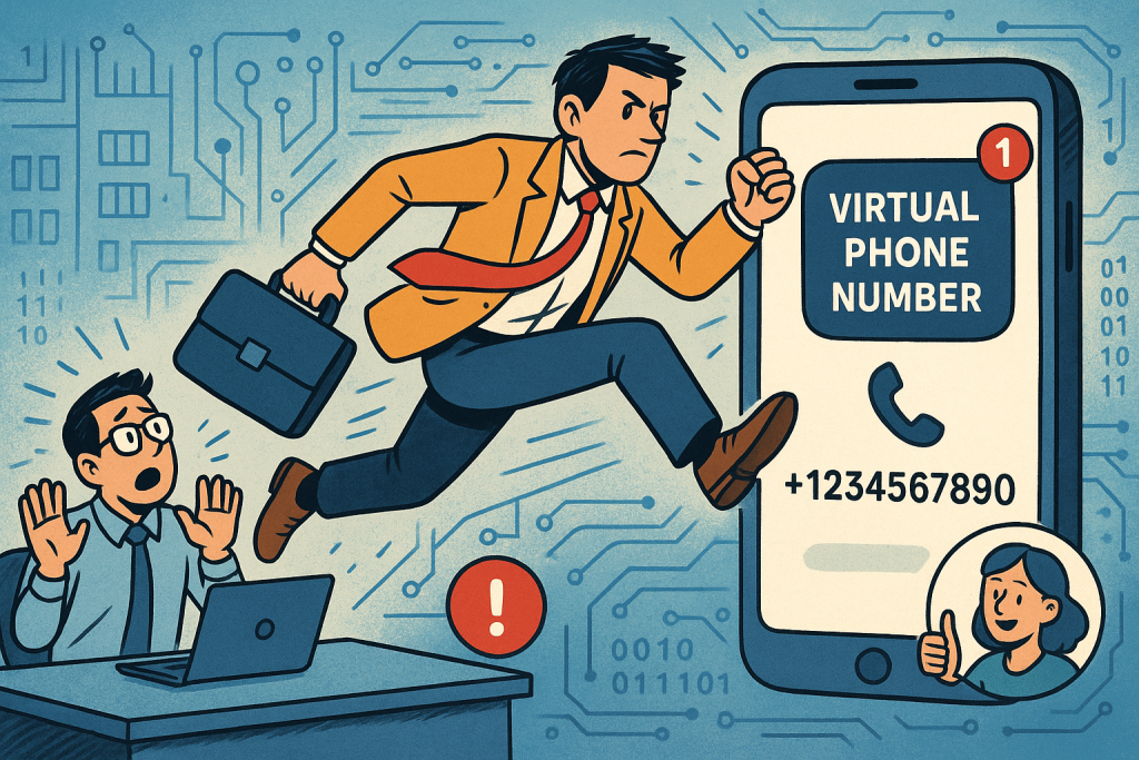 Illustration of virtual phone number concept on screen in a abstract tech patterns setting, with a determined mood.