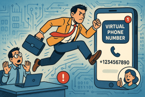 Illustration of virtual phone number concept on screen in a abstract tech patterns setting, with a determined mood.