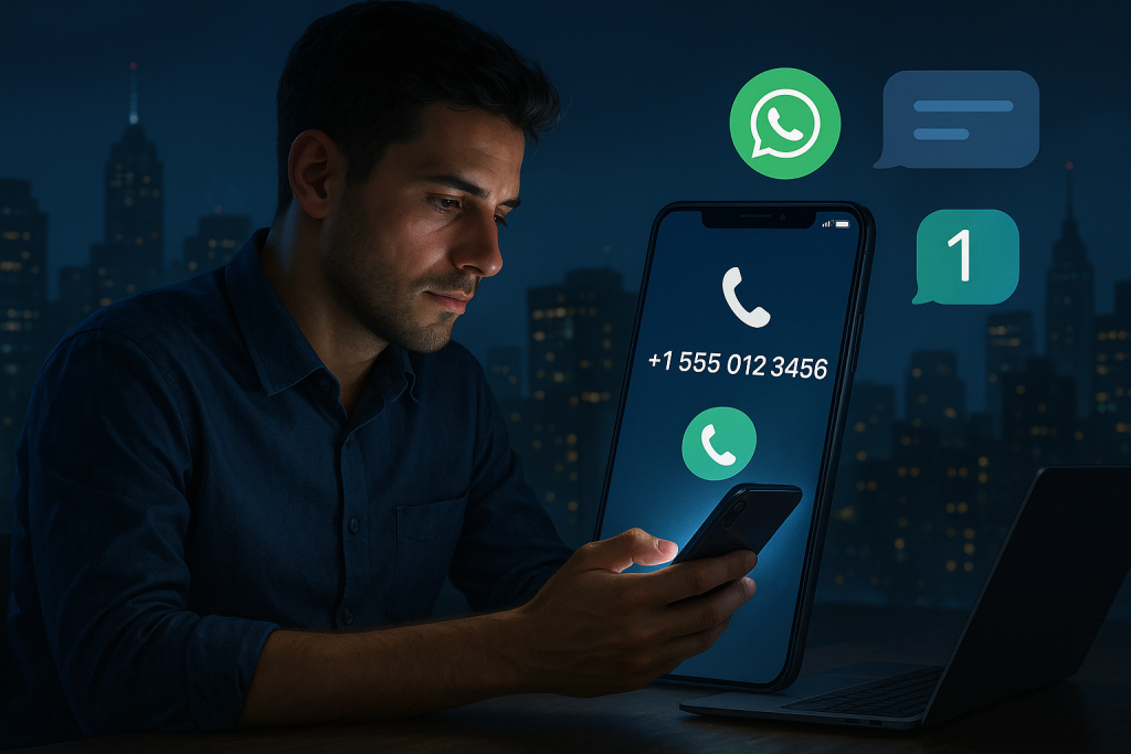 Illustration of virtual phone number concept on screen in a city skyline at night setting, with a focused mood.