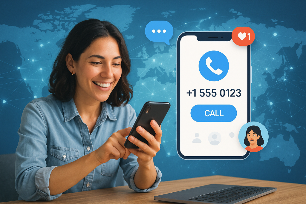 Illustration of virtual phone number concept on screen in a global network map setting, with a happy mood.