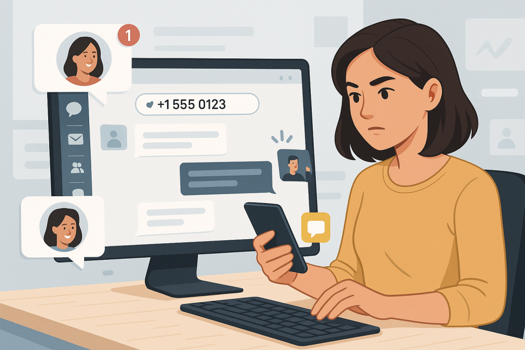 Illustration of virtual phone number concept on screen in a clean digital dashboard setting, with a determined mood.