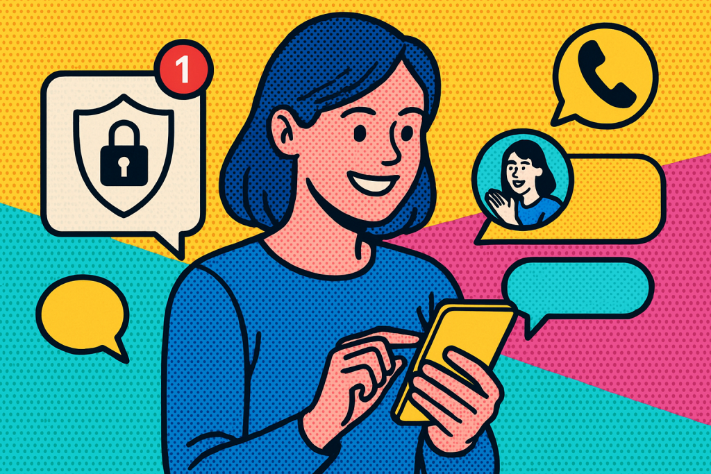 Illustration of user texting with multiple chat bubbles in a minimal app interface setting, with a happy mood.