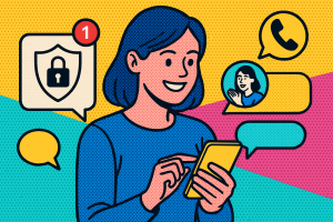 Illustration of user texting with multiple chat bubbles in a minimal app interface setting, with a happy mood.