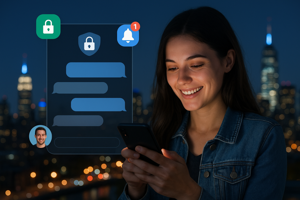 Illustration of private conversation interface demo in a city skyline at night setting, with a happy mood.